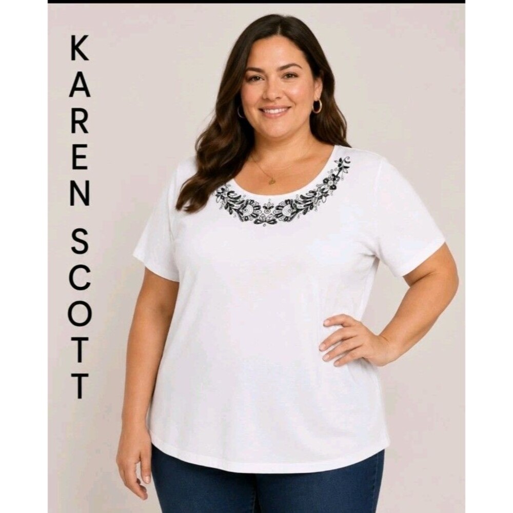 KAREN SCOTT Womens XL Embroidery Studded 100% Cotton Short Slv White T-Shirt Top